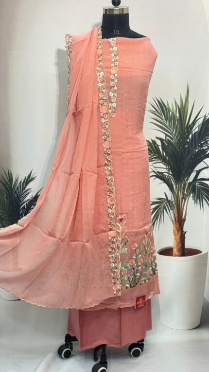 Woman Cotton Embroided Un Stitched Kurta And Salwar With Dupatta Set