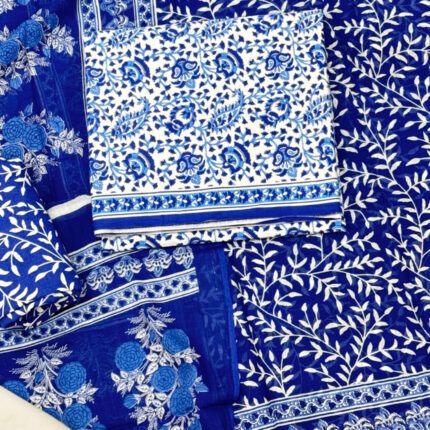 Sky Blue Screen Printed Pure Cotton Dress Material