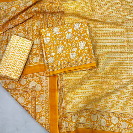 Yellow Screen Printed Pure Cotton Dress Material