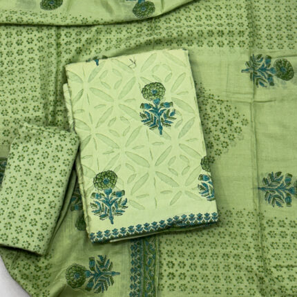 Pista Green Applique Printed Top with Black Printed Bottom & Dupatta Set