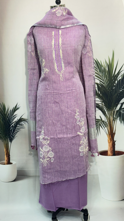 Lavender Linen Chikankari Suit with Silver Zari Dupatta